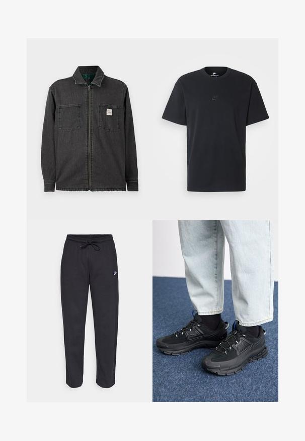 Jachetă neagră cu fermoar, cu două buzunare pe piept și guler, având un mic etichetă albă rectangulară pe buzunarul din dreapta.; Tricou din bumbac negru Nike, cu guler rotund clasic, mâneci scurte și un logo subtil embosat pe piept. Textură netedă.; Pantaloni de trening negri dintr-un material moale, cu talie elastică, șnur de ajustare și un mic logo Nike pe coapsa stângă.; Pantofi sport negri, cu țesătură texturată și tălpi din cauciuc, având șireturi elastice și un accent albastru pe toc. Purtați cu pantaloni din denim deschis.