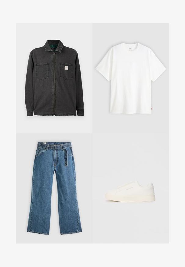 Melna izejamā jaka ar divām krūšu kabatām un apkakli, ar nelielu baltu taisnstūra etiķeti labajā kabatā.; Balta īslaicīga T-krekla ar īsām piedurknēm, kas izgatavots no kokvilnas, ar apaļu kakla izgriezumu. Priekšpusē ir smalks reljefs ar logotipu un sarkans birka apakšmalā.; Zilas džinsa platās kājas bikses ar pievienotu jostu, priekšējām kabatām un redzamiem šuvumiem uz vienkārša gaiša fona.; Baltas slip-on sporta apavi ar teksturētu virsmu, biezu zoli un minimālistisku dizainu. Sānos redzams zīmola logotips.