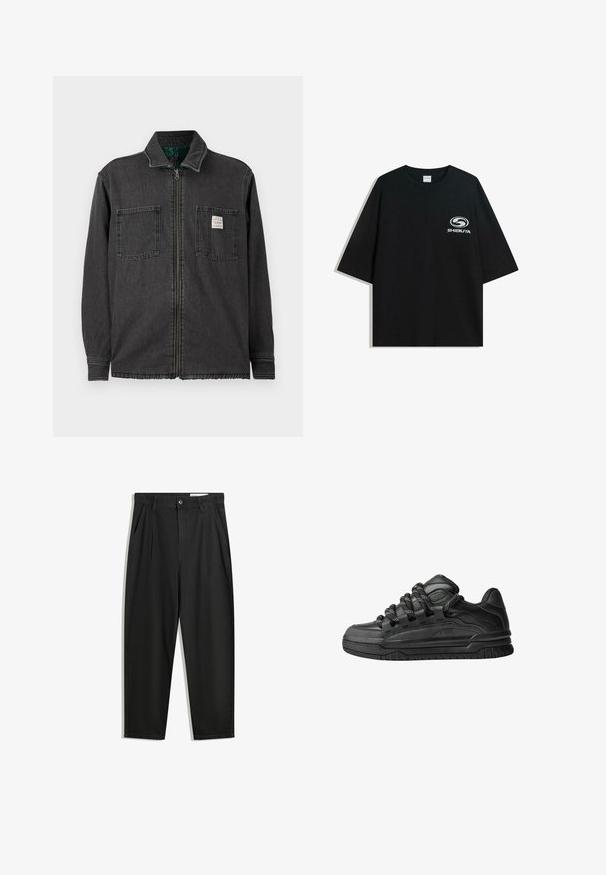 Crna jakna na zatvarač s dva džepa na prsima i ovratnikom, s malom bijelom pravokutnom oznakom na desnom džepu.; Crna oversized pamukasta majica s okruglim izrezom i kratkim rukavima, s bijelim logotipom "Shibuya" otisnutim na prednjoj strani.; Crne pamučne hlače s opuštenim krojem, s klasičnim pojasom, prednjim nabranjima i bočnim džepovima. Glatka tekstura bez uzoraka.; Crne tenisice s glatkom kožnom gornjom površinom, teksturiranim detaljima i okruglim crnim i bijelim vezicama. Debeli gumeni potplat s uzorkom.