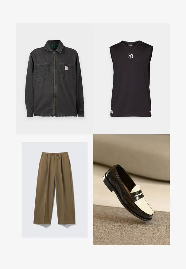 Crna jakna na zatvarač s dva džepa na prsima i ovratnikom, s malom bijelom pravokutnom oznakom na desnom džepu.; Crna majica bez rukava izrađena od gladkog materijala, s bijelim izvezenim logotipom i malim logotipom na rubu.; Široke hlače u maslinastoj boji, izrađene od mekanog materijala s elastičnom gumom u struku i podesivim vezicom. Imaju dva bočna džepa.; Crne kožne mokasine s vampom boje kreme i crnim akcentnim trakama, s niskim potplatom i detaljnom šavom duž rubova.