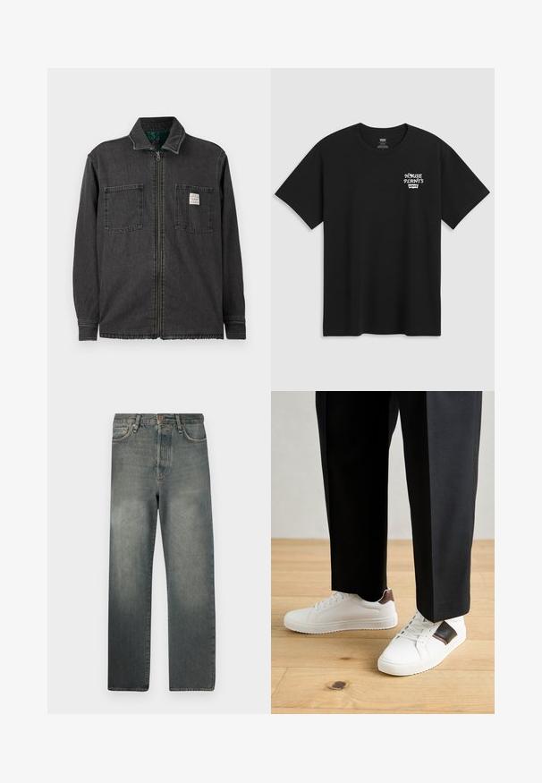 Fekete, cipzáros dzseki két mellzsebellel és gallérral, a jobb zsebén egy kis fehér téglalap alakú címkével.; Fekete pamut póló, melynek mellkasi nyomata "HOUSE PLANTS" felirattal fehér stilizált betűkkel, alatta a "Levi's" felirattal. Klasszikus kerek nyakú.; Jack & Jones JJIALEX JJCOOPER - Túlméretezett farmernadrág - black denim; Fehér sneaker, sima textúrával, barna bőr díszítéssel és fekete részletekkel, fekete szabott nadrággal párosítva. Fából készült padló háttér.