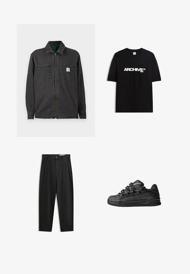 Svart zip-up jacka med två bröstfickor och krage, med en liten vit rektangulär etikett på den högra fickan.; Svart bomull T-shirt med en vit "ARCHIVE inc." logotyp över bröstet, korta ärmar och rundad halsringning.; Svarta bomullsshorts med avslappnad passform, med en klassisk midja, framveck och sidfickor. Slät textur utan mönster.; Svarta sneakers med ovandel i slät läder, texturerade detaljer och runda svarta och vita snören. Tjock gummisula med ett mönstrat mönster.