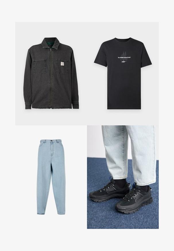 Črna jakna z zadrgo, ki ima dva žepa na prsih in ovratnik, z majhnim belim pravokotnim oznako na desnem žepu.; Črna bombažna majica s kratkimi rokavi, na kateri je bel grafični dizajn z besedilom, vključno z napisom "the athletic department" in "nike".; Svijetloplave traperice visokog struka s opuštenim krojem. Imaju prednju dugmad, zatvarač i dizajn s pet džepova. Blago izblijedjela tekstura tkanine.; Črne športne čevlje z teksturirano tkanino in gumijastimi podplati, ki imajo elastične vezalke ter modre poudarke na peti. Nosi se z lahkimi denim hlačami.