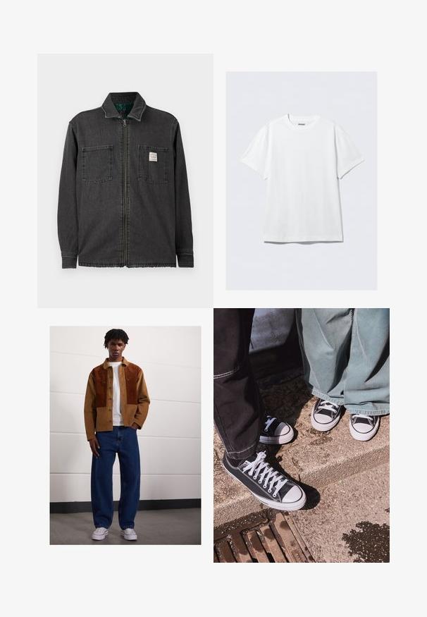 Black zip-up jacket with two chest pockets and a collar, featuring a small white rectangular label on the right pocket.; White short-sleeve t-shirt made of soft cotton. Features a crew neck and relaxed fit, with a smooth texture and clean, unadorned design.; Man standing indoors wearing a brown corduroy jacket with rust patches, white t-shirt, loose blue jeans, and white sneakers.; Black canvas low-top sneakers with white rubber toe caps and laces, paired with wide green denim pants, on a textured stone surface.