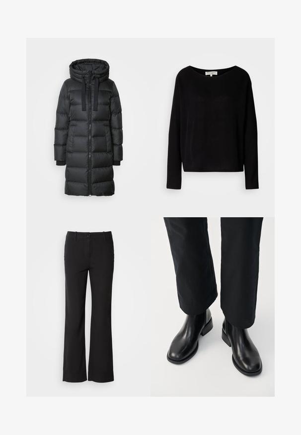 Marc O'Polo Daunenmantel - black; Schwarzes langärmliges Shirt aus weichem Material, mit weitem Rundausschnitt und lockerer Passform, ohne sichtbare Muster oder Beschläge.; Schwarze Baumwollmischungshose mit geradem Bein, vorderem Knopfverschluss und zwei Seitentaschen. Glatte Textur, keine sichtbaren Muster.; Schwarze Leder-Chelsea-Stiefel mit glatter Textur, runder Zehenpartie und niedrigem Blockabsatz, kombiniert mit schwarzen Hosen.