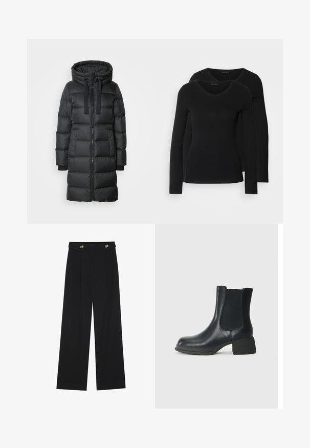 Marc O'Polo Down coat - black; Two black long-sleeve shirts with a V-neck design, made of soft, stretchy fabric, showing smooth texture and a fitted shape.; Black wide-leg trousers with high waist, button details on waistband, and front pleats.; Black leather ankle boot with elastic side panels, rounded toe, and a low block heel. The surface has a smooth texture and minimal detailing.