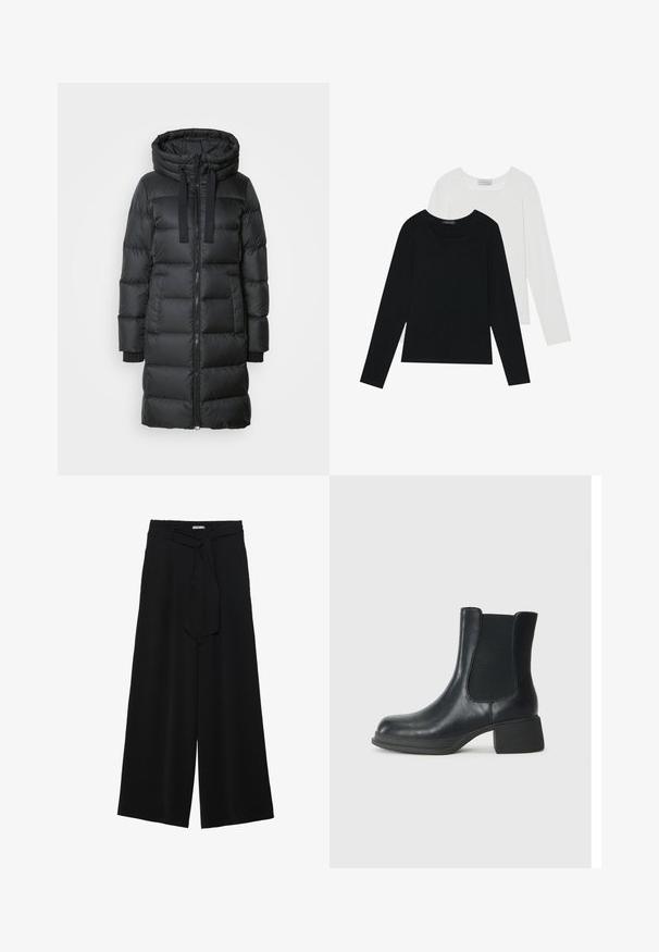 Marc O'Polo Dunkåpe / -frakk - black; To lange ermer t-skjorter, en svart og en hvit, begge med firkantet utringning og laget av mykt, elastisk stoff.; Svart vide bukser med teksturert stoff, elastisk midje og avtagbart belte som gir justerbar passform.; Sorte skinn ankle boots med elastiske sidepaneler, rund tå og en lav blokk hæl. Overflaten har en jevn tekstur og minimal detaljering.