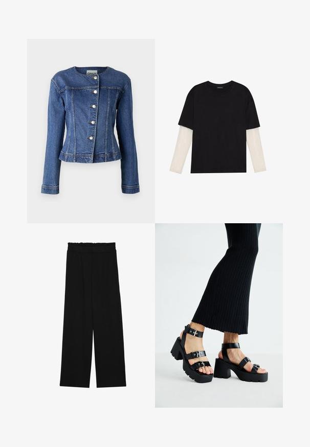 Džínová bunda v tmavě modré barvě, se zaobleným výstřihem, dlouhými rukávy, pěti knoflíkovými zapínáními a mírným třepení na lemu.; Černé tričko z bavlny s krátkým rukávem, pod kterým je bílá podvlékací halenka s dlouhým rukávem a jemným texturovaným vzorem. Design s kulatým výstřihem.; Černé široké nohavice s volánkovým pasem, které mají dvě boční kapsy a hladkou, lehkou tkaninu. Žádné viditelné vzory ani kovové prvky.; Černé platformové sandály s robustními podrážkami a několika řemínky, s kovovými sponami a hladkým koženkovým povrchem.