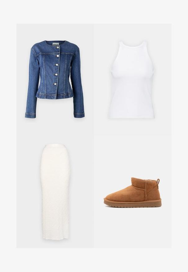 Giubbotto di jeans di colore blu scuro, con scollatura rotonda, maniche lunghe, chiusura a cinque bottoni e leggero sfilacciamento all'orlo.; Top senza maniche bianco realizzato in tessuto a coste, caratterizzato da un collo arrotondato e una silhouette aderente, con cuciture minime e senza decorazioni.; Gina Tricot STRUCTURE MAXI SKIRT - Gonna lunga - white; Call it Spring JAMIELEE - Stivali da neve - camel