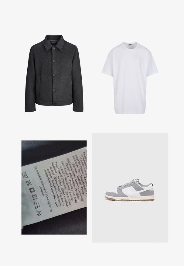 Ciemnoszara kurtka w wzór w jodełkę, z kołnierzykiem wykładanym, pięcioma guzikami z przodu i kieszeniami po bokach. Wykonana z teksturowanej tkaniny.; Biała bawełniana koszulka z krótkimi rękawami, okrągłym dekoltem, luźnym krojem i bez widocznych logo lub wzorów. Gładka tekstura i minimalistyczny design.; Etykieta z tekstem w wielu językach, symbolami pielęgnacji i ikonami recyklingu, wydrukowana na materiałowym, miękkim w dotyku w jasnym kolorze.; Szare i białe trampki z zamszową i skórzaną cholewą, okrągłym noskiem, płaskimi sznurówkami i gumową podeszwą z akcentem w kolorze gumy.