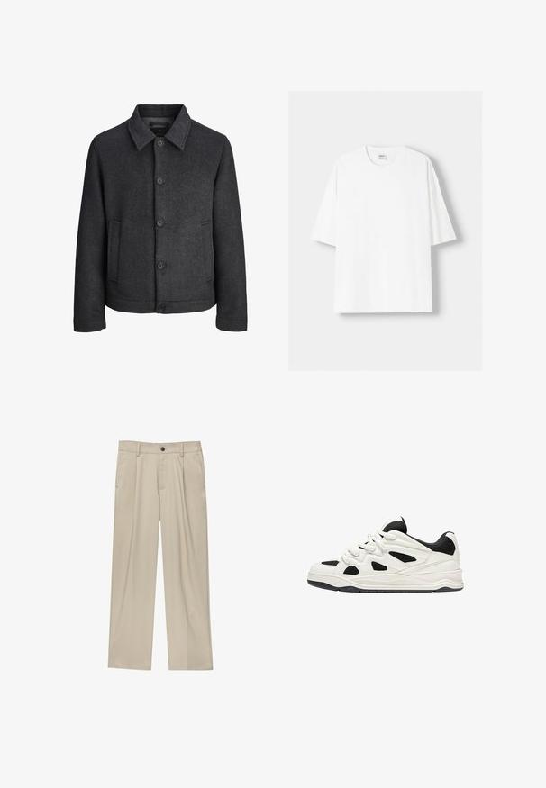 Tmavě šedá saka ve vzoru rybí kosti, s klopovým límcem, pěti předními knoflíky a bočními kapsami. Vyrobeno z texturované látky.; Bílá krátkosrstá tričko s krátkým rukávem vyrobené z bavlny, se zaobleným výstřihem a volným střihem. Hladká textura, bez viditelných vzorů nebo akcentů.; Béžové kalhoty klasického střihu, se jedním černým knoflíkem, poutky na opasek a bočními kapsami. Hladká textilie a minimalistický design.; Bílé a černé sportovní boty s texturovanou podrážkou, s výřezovými vzory na bocích a tkaničkami, a měkkým zadním dílem pro podporu.