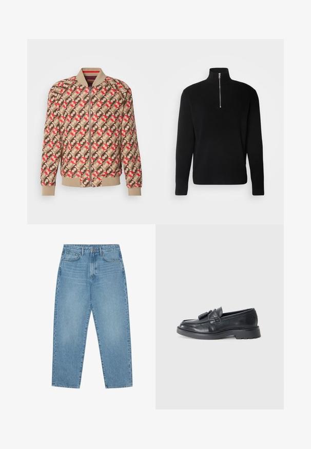 Scotch & Soda REVERSIBLE - Bomberjacke - bordeaux; Lindbergh HALF ZIP  - Strickpullover - black; Set aus fünf T-Shirts in Schwarz, Weiß und Marineblau. Baumwollstoff, kurze Ärmel, Rundhalsausschnitt und schlichte Textur ohne Muster.; Hellblaue Jeans im weit geschnittenen Stil mit hoher Taille, ausgestattet mit fünf Taschen, Gürtelschlaufen und einer weichen, leicht verblassten Textur.; Schwarze Leder Slipper mit abgerundeter Spitze, einem Riemen mit Quasten und einer dicken Sohle mit einem Profilmuster. Glatte Textur und klassisches Design.