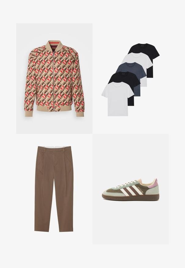 Scotch & Soda REVERSIBLE - Bomber-jakk - bordeaux; Viie t-särgi komplekt mustas, valges ja tumesinisest. Puuvillane kangas, lühikesed varrukad, ümar kaelaauk ja ühtlane tekstuur ilma mustriteta.; Pruunid kohandatud püksid, mis on valmistatud tekstureeritud kangast, omavad voldikud, vöösilmuseid ja sirget lõiget. Ilma nähtavate metallosade aktsentideta.; Roheline, pruun ja beež tekstiilist ja nahast toss, millel on kolm valget triipu. Kanna peal on hele roosa aktsent ning tekstuuriga tallad.