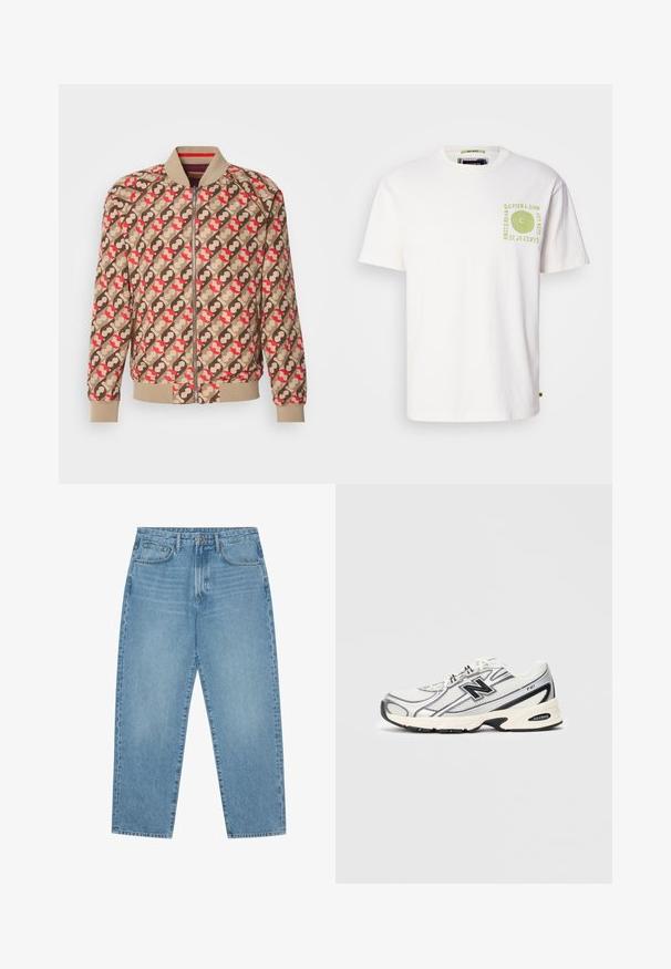 Scotch & Soda REVERSIBLE - Bomberjacks - bordeaux; Witte katoen T-shirt met korte mouwen, met een groen abstract spiraalpatroon en tekst op de linkerborst. Ronde halslijn.; Lichtblauwe denim wijde jeans met een hoge taille, voorzien van vijf zakken, riemlusjes en een zachte, licht vervaagde textuur.; Witte en grijze sport sneaker met zwart "N" logo, mesh bovenwerk, gevoerde zool en vetersluiting, weergegeven op een effen lichtgrijze achtergrond.