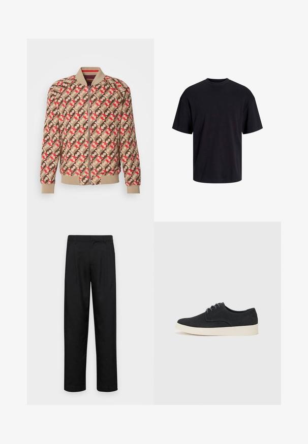 Scotch & Soda REVERSIBLE - Bomber jakna - bordeaux; Črna bombažna majica s krojačkom izrezom, kratkimi rokavi in sproščenim krojem. Gladka tekstura in brez vidnih vzorcev ali poudarkov.; Črne hlače iz gladkega materiala, s krojem ravne noge, dvema sprednjima pregiboma in standardnim pasom z zankami za pas.; Črne semiš čipkaste čevlje z zaobljenim prstom, lahkotno kremasto podplat in subtilni modri šivi na zgornjem delu.