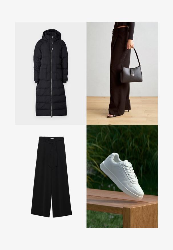 Svart pufferjakke med hette, med full lengde glidelås, trykknapper og to frontlommer. Teksturerte paneler gjennomgående.; Svart topp med solid kropp og gjennomsiktige, flarede ermer. Har knyteakenter ved mansjettene. Laget av glatt stoff med en tettsittende design.; Svart vide bukser med teksturert stoff, elastisk midje og avtagbart belte som gir justerbar passform.; Hvite sneakers med en glatt syntetisk overdel, perforert tåboks, flate snørebånd og en teksturert såle, vist på en treflate.; Svart håndveske med strukturert form, jevn tekstur og metallisk lås. Kombinert med brede svarte bukser og sandaler med åpen tå på tregulv.