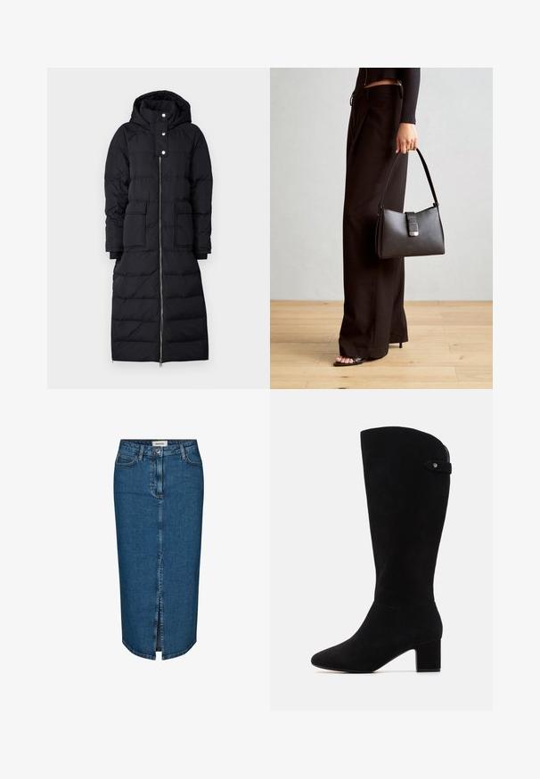 Fekete puffkabát kapucnival, teljes hosszúságú cipzárral, patentgombokkal és két elülső zsebbel. Texturált panelek az egész kabáton.; Fehér, rövid ujjú felső, amely laza szabású, könnyű anyagú és kerek nyakú. A hátoldali nézet sima, egyszerű dizájnt mutat.; Sötétkék farmer ceruzaszoknya, elülső hasítékkal, öt zsebbel és kontrasztos varrással. Közepes derékmagasság, klasszikus dizájn.; Fekete velúr térd fölé érő csizmák hegyes orral és tömbsarkúval. Simák a tapintásuk és egyszerű a dizájnjuk, oldalsó pánt díszítéssel.; Fekete kézi táska strukturált formával, sima textúrával és fémből készült záródással. Széles fekete nadrággal és nyitott orrú szandállal párosítva, fából készült padlón.