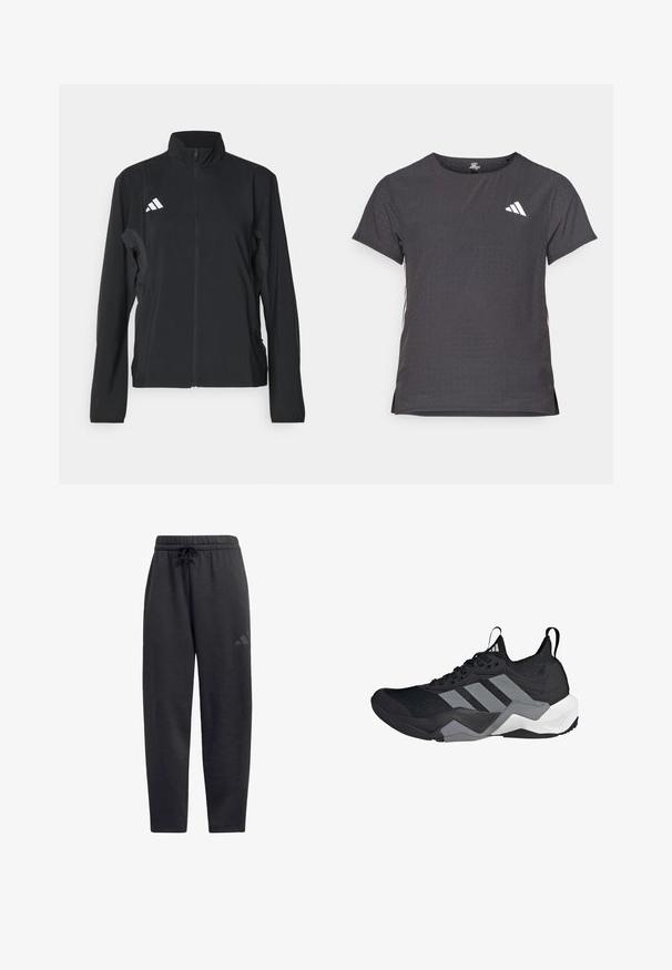 Schwarze Sportjacke mit langen Ärmeln, Stehkragen, durchgehendem Reißverschluss und weißem Adidas-Logo auf der linken Brust. Glattes, leichtes Material.; Kurze Ärmel Sport-T-Shirt, dunkelgrau mit durchbrochener Textur. Enthält ein weißes Logo und kontrastierende Seitenstreifen. Runder Ausschnitt.; Schwarze Sweatpants aus weichem Stoff, mit einem elastischen Bund und Kordelzug, geraden Beinen und einem dezenten Logo auf dem Oberschenkel.; Schwarzer Sportschuh mit einem atmungsaktiven Mesh-Obermaterial, grauen Akzenten, strukturiertem Sohlenprofil und drei markanten Streifen an der Seite.