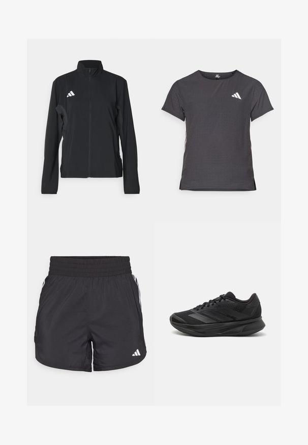 Giacca sportiva nera con maniche lunghe, colletto alto, zip frontale intera e logo Adidas bianco sul lato sinistro del petto. Tessuto leggero e liscio.; T-shirt atletico a maniche corte, grigio scuro con texture perforata. Presenta un logo bianco e strisce laterali a contrasto. Girocollo.; Pantaloni sportivi neri con elastico in vita, tasche laterali e strisce bianche ai lati. Realizzati in materiale leggero.; Scarpa da corsa nera con tomaia in rete traspirante, punta rotonda, design elegante, dettagli testurizzati e suola ammortizzata per il comfort.
