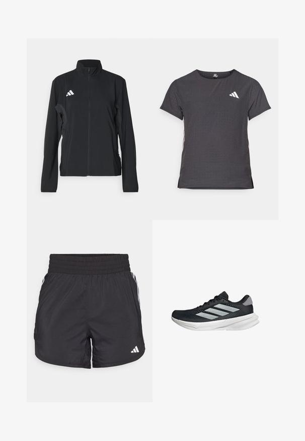 Černá atletická bunda s dlouhými rukávy, stojáčkovým límcem, plným předním zipem a bílým logem Adidas na levé hrudi. Hladká, lehká tkanina.; Kraťasový sportovní tričko, tmavě šedé barvy s perforovanou texturou. Obsahuje bílé logo a kontrastní boční pruhy. Kulatý výstřih.; Černé sportovní šortky s elastickým pasem, bočními kapsami a bílými pruhy po stranách. Vyrobené z lehkého materiálu.; Černé běžecké boty s vrchní částí z prodyšné síťoviny, třemi stříbrnými pruhy, bílou mezipodešví a texturovanou podešví. Obsahují polstrovaný límec a šněrování.