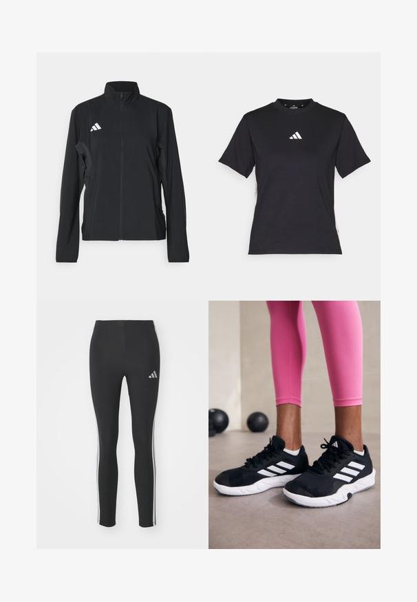 Czarna sportowa kurtka z długimi rękawami, stójką, pełnym zamkiem z przodu oraz białym logo Adidas na lewej piersi. Gładki, lekki materiał.; Czarny T-shirt z krótkim rękawem wykonany z miękkiego materiału. Posiada białe logo Adidas oraz kontrastowe białe paski po bokach.; Czarne legginsy wykonane z elastycznego materiału, z białymi paskami po bokach i małym, odblaskowym logo na górnej lewej stronie.; Czarne sportowe buty z białymi paskami, teksturowana siateczkowa cholewka i biała podeszwa. Nosi je osoba w różowych legginsach, prezentując odzież treningową.