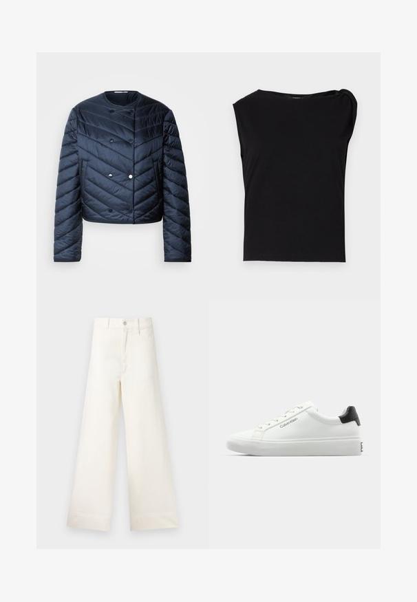 Tumesinine puffer-jakk, millel on lühike disain, tševroni tikand, kahekordne nööpide rida ja küljetaskud. Sile, läikiv pind.; Must be pime mustaga lühikese varrukaga topp, mis on valmistatud sileda kangaga. Omab ringikujulist kaeluse ja õlariba detaili. Lihtne, keha järgiv disain.; Laiad püksid heleses puuvillas. Omavad kõrget vööd, ees on taskud ja sirge lõige. Puhtad ääred ilma mustriteta.; Valge tennisekenks, millel on sile viimistlus, must kontsatarvik ja paelaga disain. Küljel on "Calvin Klein" bränditus. Minimalistlik stiil.