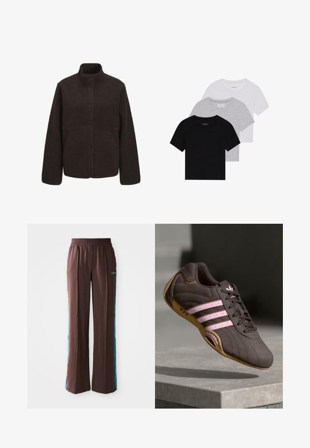 Brązowa polarowa kurtka z wysokim kołnierzem, z zapięciem na zatrzask i dwoma bocznymi kieszeniami. Teksturowany, miękki materiał z detalami stębnowania.; Zestaw trzech koszulek z krótkim rękawem w kolorze czarnym, szarym i białym. Wykonane z bawełny, z okrągłym dekoltem i prostym, jednolitym wzorem.; Brązowe spodnie sportowe o ribbowanej fakturze, z elastycznym pasem i turkusowymi paskami po bokach. Posiadają logo adidas z przodu.; Brązowy zamszowy but sportowy z różowymi paskami i logo, z teksturowaną cholewką, sznurowaniem i gumową podeszwą.