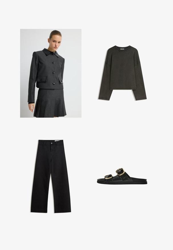 Grijze cropjack met een zwarte faux leren kraag, ronde knopen en twee voorzakken. Gecombineerd met een bijpassende geplooide rok.; Donkergrijze lange-mouwen top gemaakt van een katoenmix. Boxy vorm met een ronde halslijn en verlaagde schouders, met zichtbare stiksels.; Zwarte denim broek met wijde pijpen en een hoge taille, voorzien van voor- en achterzakken, gestikte naden en een knoopsluiting. Gladde textuur.; Zwarte slipper met twee gouden gesps, gladde textuur, platte zool en een minimalistisch ontwerp.