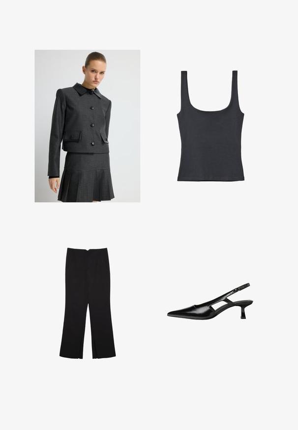 Szara kurtka typu crop z czarnym kołnierzem z faux skóry, okrągłymi guzikami i dwoma przednimi kieszeniami. Połączona z dopasowaną plisowaną spódnicą.; Czarny top na ramiączkach wykonany z miękkiej mieszanki bawełny, z okrągłym dekoltem i szerokimi ramiączkami, dopasowany, bez widocznych wzorów.; Czarne spodnie o prostym kroju, z przednimi kieszeniami i bocznymi rozcięciami na dole. Wykonane z miękkiego, gładkiego materiału. Odpowiednie na różne okazje.; Czarne lakierowane czółenka na odkrytej pięcie z wąskim noskiem, z wykrojem po bokach i małym kwadratowym obcasem. Gładka faktura z minimalnymi akcentami.