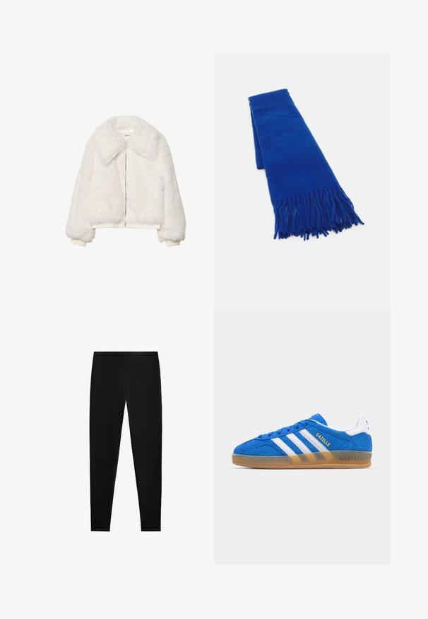 Biała kurtka bomber z sztucznego futra z szerokim kołnierzem, zamkiem błyskawicznym i ściągaczami na rękawach. Miękka tekstura z krótkim krojem.; Jasnoniebieska koszula w białe paski z kołnierzykiem, zapięciem na guziki i długimi rękawami. Materiał wydaje się gładki i lekki.; Czarne legginsy wykonane z elastycznego materiału, z wysokim stanem i gładkim, bezszwowym wzornictwem, odpowiednie do różnorodnych aktywności.; Niebieskie zamszowe sneakersy z białymi paskami i napisem „Gazelle”. Posiadają gumową podeszwę i teksturowane akcenty na cholewce. Klasyczny design.; Niebieski pleciony szalik z frędzlami na końcach, gładka tekstura, prostokątny kształt i jednolity kolor na całej powierzchni. Odpowiedni na zimną pogodę.; Czarna skórzana torba hobo o gładkiej fakturze, zaokrąglonym kształcie i pojedynczym, regulowanym pasku; posiada szerokie otwarcie na górze.
