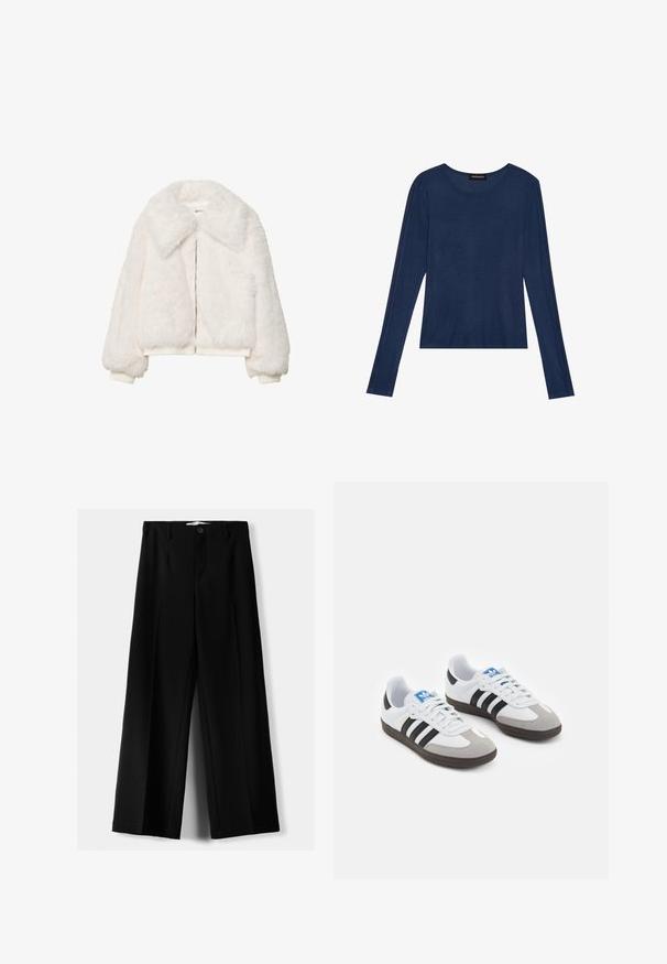 Bela jakna od umjetnog krzna s širokim ovratnikom, zatvaranjem na zip i rebrastim manžetama. Mekana tekstura s skraćenim siluetom.; Mornarska majica s dugim rukavima od mekog materijala, s okruglim izrezom i ravnim šavovima duž rukava, s opuštenim krojem.; Crne široke hlače izrađene od lagane tkanine, s prednjim zatvaranjem na dugme i ravnim prednjim dijelom, sa uredno šivenim rubovima.; Sportske cipele s gornjištem od bijele kože, sivi suedinasti nos i tri crne pruge. Imaju plavi logo na jeziku i teksturiranu gumenu podlogu.