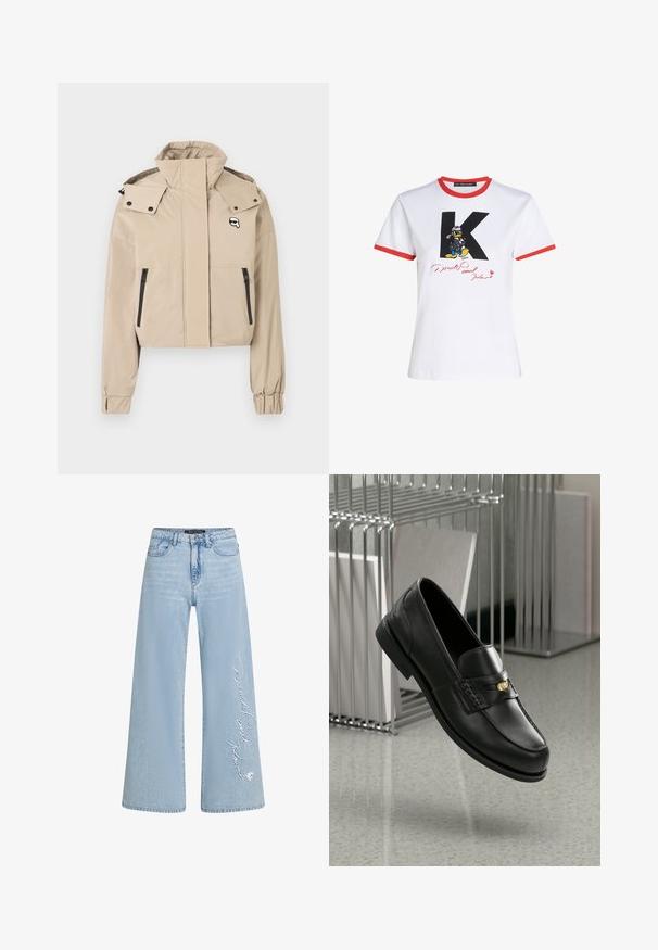 Rövidített bézs dzseki magas gallérral, patent gombokkal és elöl fekete cipzáras zsebekkel. Simaszövet, elasztikus mandzsettákkal.; Fehér pamut póló piros nyakkivágással és ujjak szegélyével. Fekete 'K' és Donald Kacsa grafika található rajta, piros aláírással.; Világoskék, bőszárú farmernadrág, bal lábszáron „Donald és Daisy” hímzett felirattal. Klasszikus öt zsebes dizájn és övhurkok jellemzik.; Fekete bőr loaferek sima felülettel, dekoratív sávval és kis arany kiegészítővel. Az talp lapos, kerek orrú.