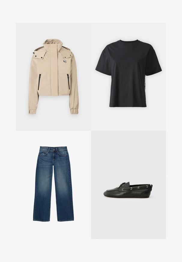 Skrajšani bež jopič z visokim ovratnikom, poudarki s pritiskom na gumb in črnimi zadrgo zaprtimi žepi spredaj. Gladek material z elastičnimi manšetami.; Črna bombažna majica s kratkimi rokavi, sproščenega kroja z kontrastnim stranskim panelom, ki vsebuje majhne besedilne in oblikovne podrobnosti.; Široke modre denim hlače z izblšanim videzom, petimi žepi in kontrastnim šivom. Zapirajo se z gumbom in zadrgo.; Črne usnjene čolnarske čevlje z zaobljenim prstom, zavezovanjem spredaj, kovinskimi očesci in ravnim podplatom. Imajo majhen trak na zadnji strani.