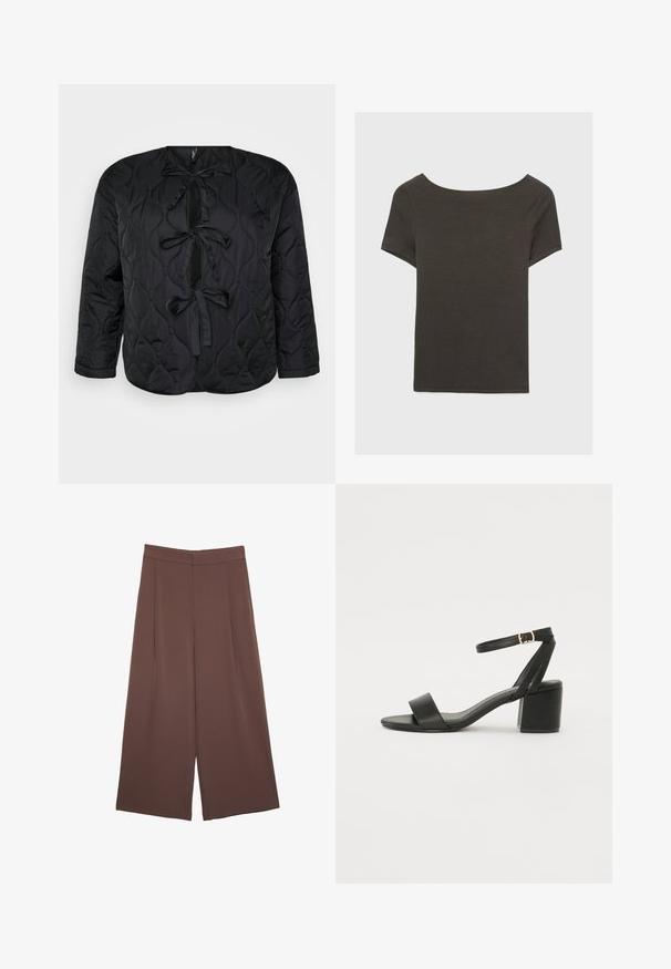 Crna jakna od kviltovanog materijala s okruglim izrezom, dugim rukavima i tri dekorativne mašne naprijed. Glatka, lagana tkanina s mekanom teksturom.; Tamno sivi kratki rukav s izrezom u obliku čamca. Izrađen od rebrastog materijala, s opuštenim krojem i ravnim rubom. Jednostavan dizajn, bez uzoraka.; Smeđe hlače širokog kroja s glatkom teksturom, koje imaju visok struk i nabore sprijeda. Tkanina je lagana i slobodno se kreće.; Crne sandale na visoku petu s glatkim kožnim gornjim dijelom, otvorenom kapicom, širokim prednjim trakama i podesivim remenom oko gležnja s detaljem zlatne kopče.