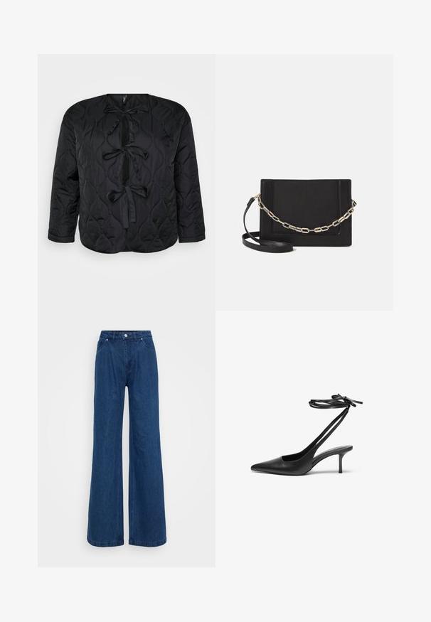 Veste matelassée noire avec un col rond, des manches longues et trois nœuds décoratifs à l'avant. Tissu lisse et léger avec une texture douce.; Vero Moda Tall VMEGAMAXI - T-shirt basique - black; Jeans en denim bleu à jambe large avec une taille haute, fermeture avant à bouton et zip, et poches avant et arrière sur un fond uni.; Escarpin noir en cuir avec un bout pointu, un dos ouvert et des brides à la cheville nouées en nœud. Talon fin de 3 pouces. Texture lisse, design minimaliste.; Sac bandoulière en cuir noir avec une texture lisse, de forme rectangulaire et un détail en chaîne métallique à l'avant. Sangle réglable incluse.