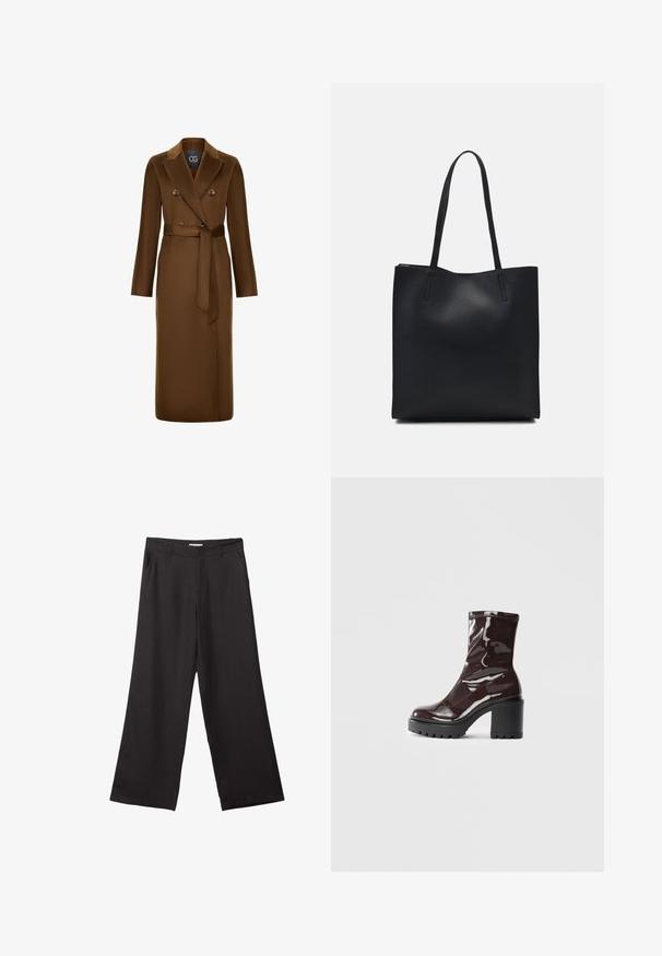 Brązowy płaszcz dwurzędowy z paskiem w talii, długimi rękawami i fakturowanym wykończeniem tkaniny. Wyróżniający się design kołnierza i akcenty w postaci guzików.; Czarny, długi sweter z dzianiny z poduszkami na ramionach oraz prążkowanymi mankietami i dołem, pokazany na białym tle.; Czarne spodnie z szerokimi nogawkami, wykonane z gładkiego materiału, z przednim zamkiem błyskawicznym i dwoma bocznymi kieszeniami, o dopasowanym kroju i minimalistycznym wzornictwie.; Błyszczące bordowe botki za kostkę z masywną czarną obcasem, charakteryzujące się gładką teksturą i prostym wzornictwem. Brak widocznych zapięć lub wzorów.; Czarna skórzana torba tote o gładkiej fakturze, prostokątnym kształcie i dwóch długich uchwytach. Brak widocznych elementów metalowych i ozdób.