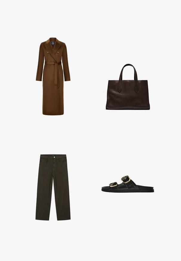 Hnědý dvouřadý kabát s páskem v pase, dlouhými rukávy a strukturovaným povrchem. Výrazný design klopy a akcenty knoflíků.; Tmavě hnědý svetr s dlouhým rukávem a kulatým výstřihem, mírně zkráceným střihem a jednoduchým, bezešvým designem.; Tmavě zelené široké džínsy vyrobené z bavlněné směsi, s předním zapínáním na knoflík, pěti kapsami a klasickým denimovým stehem.; Černé kluzné sandály s dvěma zlatými sponami, hladkým texturovaným materiálem, plochou podrážkou a minimalistickým designem.; Hnědá kožená taška přes rameno s dvěma dlouhými uchy, strukturální obdélníkový tvar, hladká textura a jemné švy.