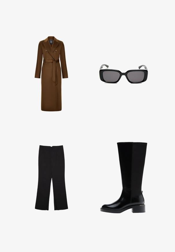 Cappotto marrone doppiopetto con vita cintata, maniche lunghe e finitura in tessuto testurizzato. Design del colletto e dettagli con bottoni distintivi.; Maglione a collo alto di colore nero realizzato in morbido tessuto a maglia. Presenta maniche lunghe e un design aderente con orlo diritto.; Pantaloni neri a gamba dritta, con tasche frontali e spacchi laterali all'orlo. Realizzati in tessuto morbido e liscio. Adatti a diverse occasioni.; Stivali in pelle nera alti fino al ginocchio con finitura lucida, punta quadrata, tacco a blocco e dettaglio sulla cucitura laterale. Presentano un passante sul retro.; Occhiali da sole neri rettangolari con lenti scure, montatura in plastica liscia e tempie curve. Il design è voluminoso con un'estetica minimalista.