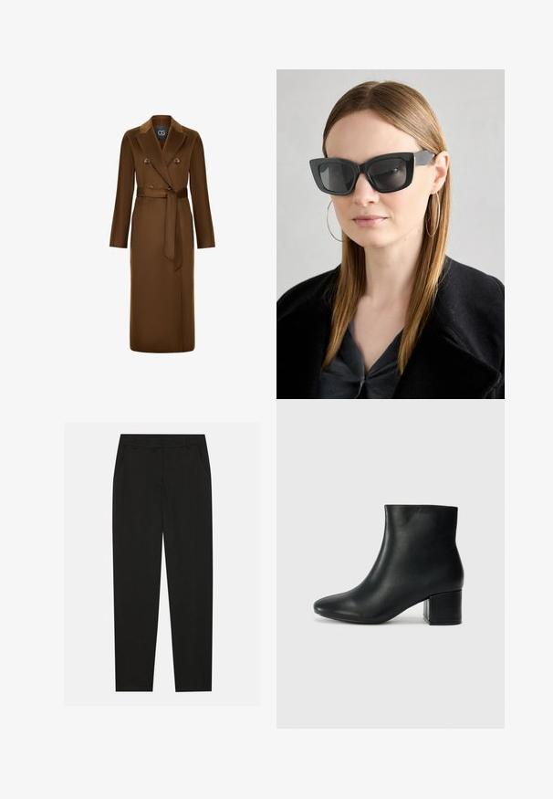 Hnědý dvouřadý kabát s páskem v pase, dlouhými rukávy a strukturovaným povrchem. Výrazný design klopy a akcenty knoflíků.; Dvě černé dlouhé rukávy trička s výstřihem do V, vyrobené z měkkého, elastického materiálu, s hladkou texturou a přiléhavým střihem.; Černé kalhoty s vytvarovaným střihem, které mají boční kapsy a rovné nohavice. Vyrobené z hladkého, lehkého materiálu s elegantním povrchem.; Černé kožené kotníkové boty s špičatou špičkou a robustním podpatkem. Hladký povrch s minimálními akcenty a elegantním, přiléhavým designem.; Černé sluneční brýle ve stylu kočičího oka s tmavými skly, silnými rámy a jemnými detaily. Nosené s černým kabátem a šedým topem, s dlouhými rovnými vlasy.