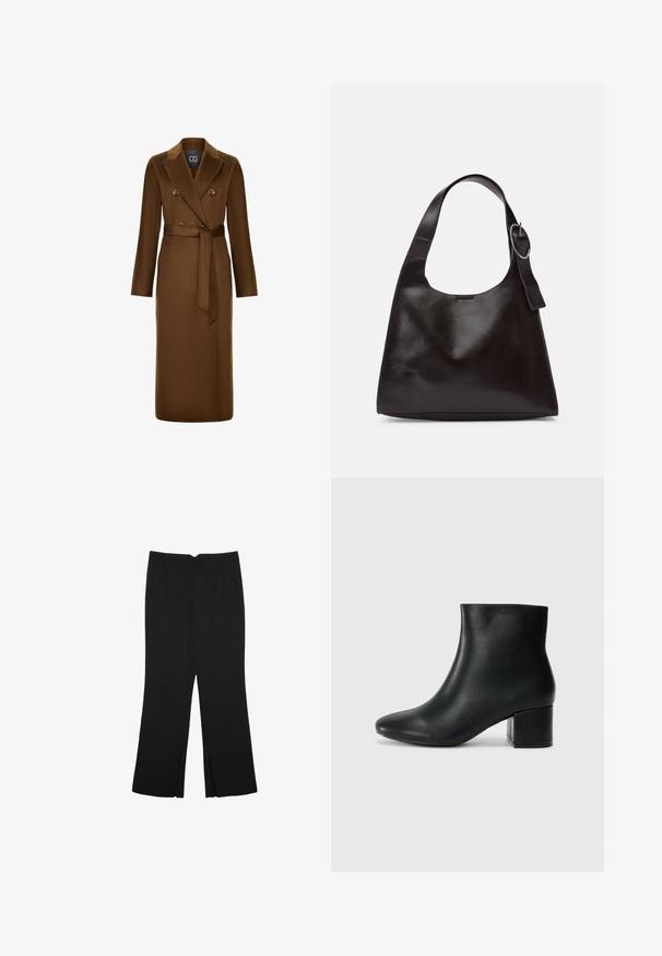 Hnědý dvouřadý kabát s páskem v pase, dlouhými rukávy a strukturovaným povrchem. Výrazný design klopy a akcenty knoflíků.; Černý top s dlouhým rukávem vyrobený z texturované tkaniny. Má kulatý výstřih a zkrácený střih s přiléhavými rukávy. Bez viditelných vzorů.; Černé kalhoty s rovným střihem, s předními kapsami a bočními rozparky na lemu. Vyrobené z jemné, hladké tkaniny. Vhodné na různé příležitosti.; Černé kožené kotníkové boty s špičatou špičkou a robustním podpatkem. Hladký povrch s minimálními akcenty a elegantním, přiléhavým designem.; Hnědá kožená taška přes rameno s hladkou texturou, zaobleným tvarem, širokým popruhem a kulatým kovovým akcentem na rukojeti.