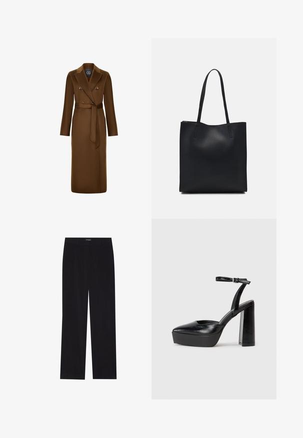 Brązowy płaszcz dwurzędowy z paskiem w talii, długimi rękawami i fakturowanym wykończeniem tkaniny. Wyróżniający się design kołnierza i akcenty w postaci guzików.; Czarny bawełniany t-shirt z krótkim rękawem, z małym różowym motylkiem na lewej piersi. Klasyczny dekolt z luźnym fasonem.; Czarne spodnie z korduroju o prostym kroju, z płaskim pasem i bez widocznych kieszeni, gładką teksturą oraz pionowymi wypustkami.; Czarne platformy na wysokim obcasie z szpiczastym noskiem i regulowanym paskiem na kostkę. Wykonane z gładkiej skóry, z grubym słupkowym obcasem.; Czarna skórzana torba tote o gładkiej fakturze, prostokątnym kształcie i dwóch długich uchwytach. Brak widocznych elementów metalowych i ozdób.