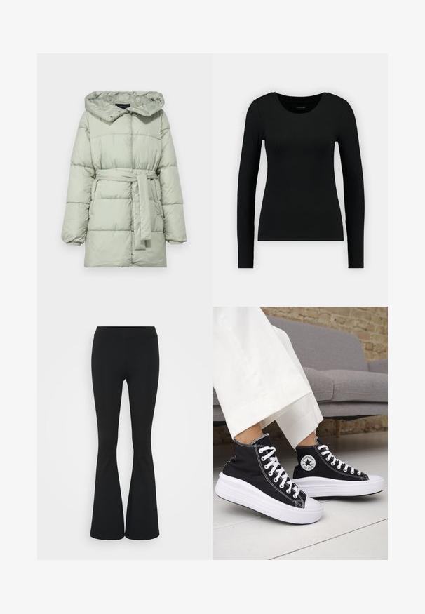 Helle grüne Puffjacke mit tailliertem Gürtel, Kapuze und gestepptem Material. Verfügt über Druckknöpfe und ein lässiges Design.; Schwarz, langärmliges Shirt aus geripptem Material. Merkmale einen runden Halsausschnitt und eine taillierte Silhouette. Einfaches Design ohne Muster oder Akzente.; Schwarze, ausgestellte Hosen aus dehnbarem Material mit hohem Bund und glatter Textur. Die Hose weitet sich ab dem Knie.; Schwarze High-Top-Sneaker mit weißen Gummisohlen und Schnürsenkeln. Verfügt über ein rundes Logo-Patch und kontrastierende weiße Nähte. Aus Canvas-Material.