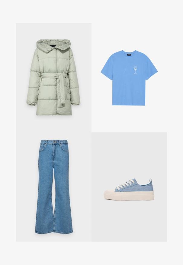 Casaco puffer verde-claro com cintura cingida, capuz e textura acolchoada. Possui botões de pressão e um design de corte solto.; T-shirt de algodão azul claro com decote redondo. Apresenta uma gráfica branca de uma palmeira e texto na área do peito esquerdo. Mangas curtas.; Jeans de brim azuis claros, com corte à boca de sino, apresentando uma cintura alta, cinco bolsos e um fecho de botão único. Textura macia com acabamento desbotado.; Ténis de lona azul claro com uma biqueira e sola de borracha creme, apresentando atacadores brancos e uma alça na parte de trás.