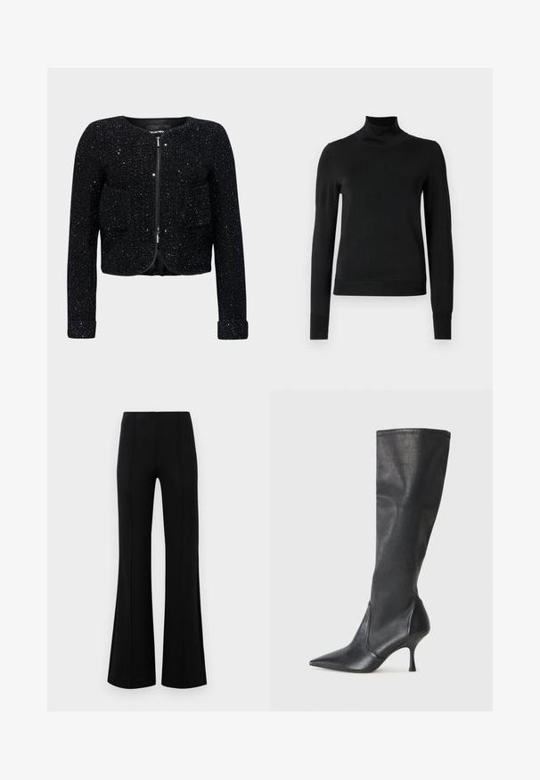 Black cropped jacket with a textured, glittery surface, round neckline, zip closure, and two front pockets.; Black long-sleeve turtleneck sweater with ribbed cuffs and hem, displayed on a plain white background.; Black flared pants with a high waist, made of stretchy fabric. Features vertical seam details on the front and a smooth texture.; Knee-high black leather boots with a pointed toe and a slim stiletto heel. Smooth texture with a fitted design and stitching at the top edge.