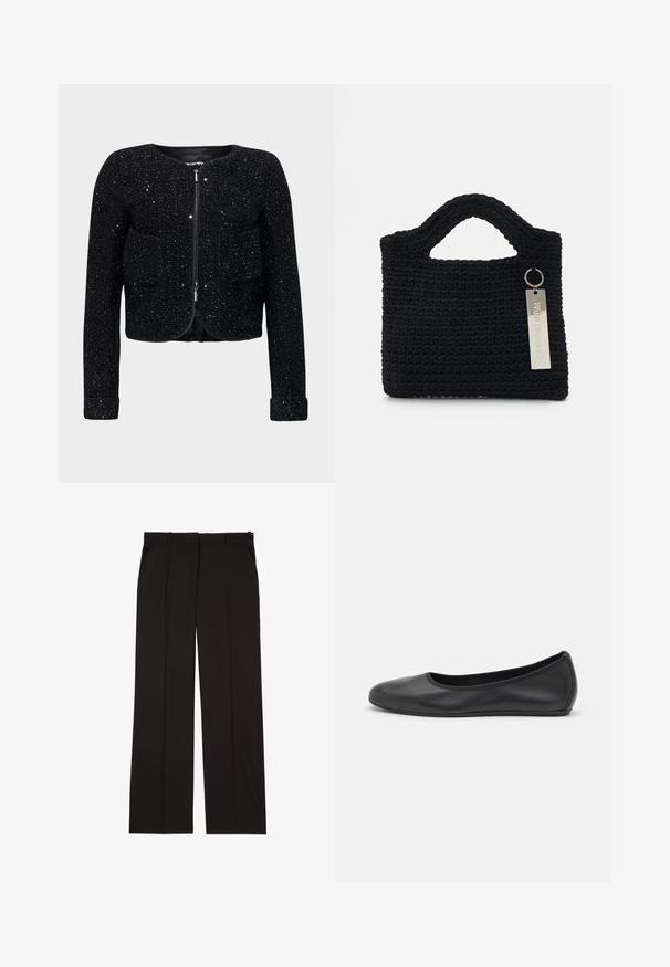 Must musta, tekstuuri ja glitteriga pinnaga, lühikeste varrukatega kootud jakk, ümmargune kaelus, tõmbluku sulgemine ja kaks eesmist taskut.; Musthave mustrikine top, millelõhiku ja venitatud frantsiidi üksikasjaga, millel on sile tekstuur ja kehakujuline siluett.; Mustad kohandatud püksid sujuvast kangast, sirge jala disainiga ja kahe küljetaskuga. Elegantne ja minimalistik ehitus.; Musthave mustika tantsutossud mustast nahast, ümmarguse varbaga, siledast tekstuurist, minimaalse õmblusdetailiga ja paindliku tallakujundusega.; Won Hundred MARSIELLE COMPUTER BAG UNISEX - Sülearvutikott - black