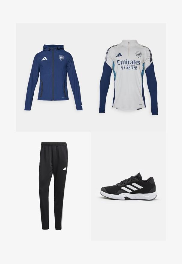 Jūras spilgti zila ūdensnecaurlaidīga jaka ar priekšējo rāvējslēdzēju, kapuci, Adidas logo, Arsenal emblemu un melnām rāvējslēdzēju kabatām. Vieglas auduma, gluda tekstūra.; Balts garās piedurknes džemperis ar tumši zilām akcentiem, pus-uzmavas apkakle, ar "Emirates Fly Better" logotipu un Arsenal futbola kluba emblēmu.; Melnas sporta bikses ar stiepjas jostu, baltām sānu svītrām un mazu baltu logo uz augšstilba. Izgatavotas no gludas, vieglas materijas.; Melnas sporta kurpes ar teksturētu acu augšdaļu, baltām akcentu svītrām, mīkstu zoli un pastiprinātu papēdi atbalstam.