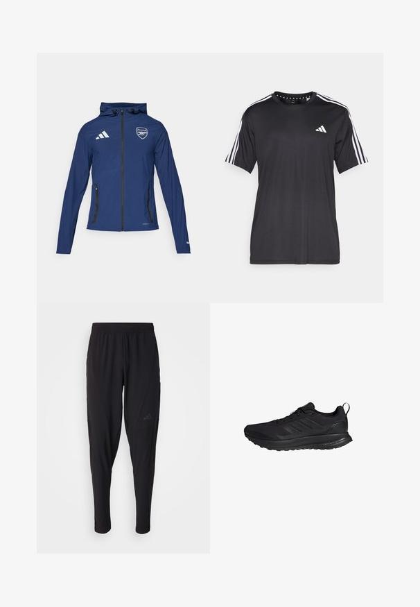 Chaqueta impermeable azul marino con cremallera frontal, capucha, logo de Adidas, escudo del Arsenal y bolsillos negros con cremallera. Tejido ligero, textura suave.; Camiseta negra de manga corta con diseño de tres franjas blancas en los hombros y logo en el pecho. Fabricada con un tejido transpirable y de textura suave.; Pantalones deportivos negros con cintura elástica, diseño ajustado, bolsillos laterales y un discreto detalle de logo. Fabricados con un material flexible y transpirable.; Zapatilla deportiva negra con un upper de tela texturizada, que presenta tres rayas horizontales, un cuello acolchado y una suela de goma duradera.