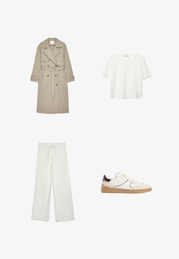 Beige trenchcoat gjord av ett strukturerat tyg, med dubbelknäppt front, breda slag, ett bälte och två sidofickor.; Vit t-shirt med kort ärm i bomull. Har en rundad halsringning och en avslappnad passform. Slät textur utan synliga mönster eller detaljer.; Vita vida byxor i mjukt tyg. Har en elastisk midja med dragsko och en slät yta. Inga synliga mönster eller metalldetaljer.; Stradivarius Sneakers - white