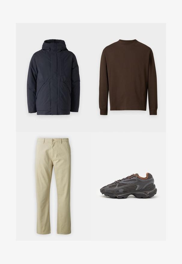 Marineblaue isolierte Jacke mit hohem Kragen, verdecktem Frontreißverschluss und zwei großen Vordertaschen. Glatte Textur mit minimalistischem Design.; Braunes Langarmshirt aus weichem Stoff, mit Rundhalsausschnitt und geradem Schnitt ohne sichtbare Muster oder Hardware.; Beige Baumwollhose mit geradem Bein, mit vorderem Knopfverschluss und Gürtelschlaufen. Glatte Textur, keine sichtbaren Muster oder Akzente.; Lacoste Sneaker in Dunkelgrau aus Mesh und Synthetikmaterial, mit einer strukturierten Sohle und braunen Akzenten am Kragen und Logo.