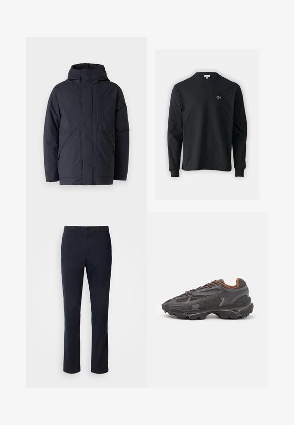 Ναυτικό μπουφάν με μόνωση και ψηλό γιακά, κρυφό μπροστινό φερμουάρ και δύο μεγάλες μπροστινές τσέπες. Λείος υφασμάτινος σχεδιασμός με μινιμαλιστική αισθητική.; Μαύρο μπλουζάκι με μακριά μανίκια από βαμβάκι, με στρογγυλή λαιμόκοψη και μικρό πράσινο κεντητό λογότυπο κροκοδείλου στην αριστερή πλευρά του στήθους.; Μπλε ναυτικό παντελόνι από απαλό ύφασμα, με ίσια γραμμή, ζώνες, και κούμπωμα με κουμπί και φερμουάρ.; Αθλητικά παπούτσια Lacoste σε σκούρο γκρι χρώμα, κατασκευασμένα από διχτυωτό και συνθετικό υλικό, με ελαστική σόλα και καφέ λεπτομέρειες στον γιακά και στο branding.